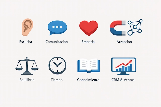 Infografía con las 8 habilidades clave de un comercial de ventas