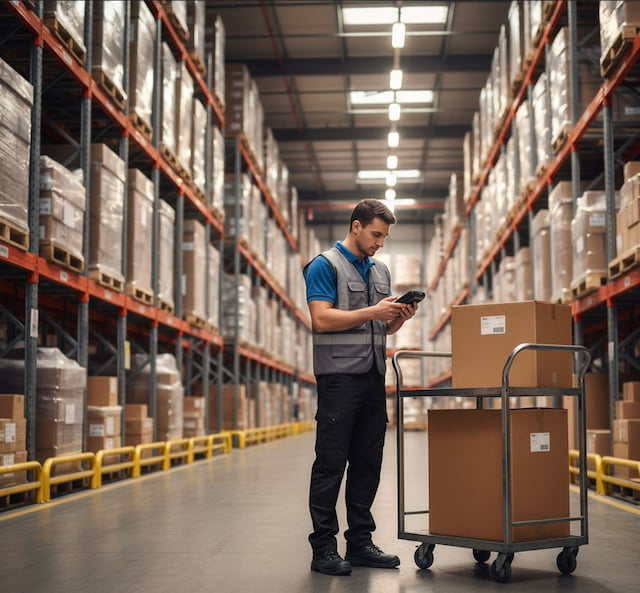 Operario de almacén representando competencias de logística