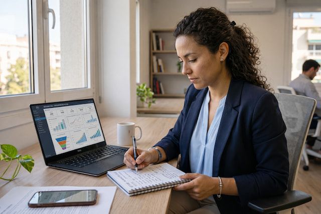 Profesional comercial organizando tareas y seguimiento de clientes