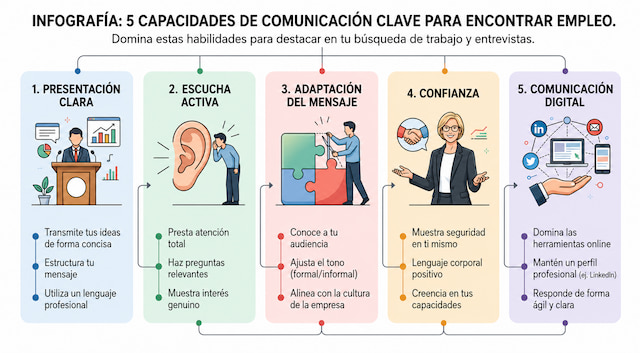 Infografía sobre capacidades de comunicación para encontrar empleo